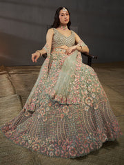 Sea green Net Multi Sequins with heavy Zarkan embroidery Semi-Stitched Lehenga choli & Dupatta
