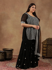 Plus Size Floral Embroidered Thread Work Straight Kurta With Sharara & Dupatta