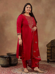 Floral Embroidered Zari Straight Kurta with Trousers & Dupatta