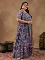 Plus Size Floral Printed Sweetheart Neck Tiered Anarkali Kurta With Dupatta