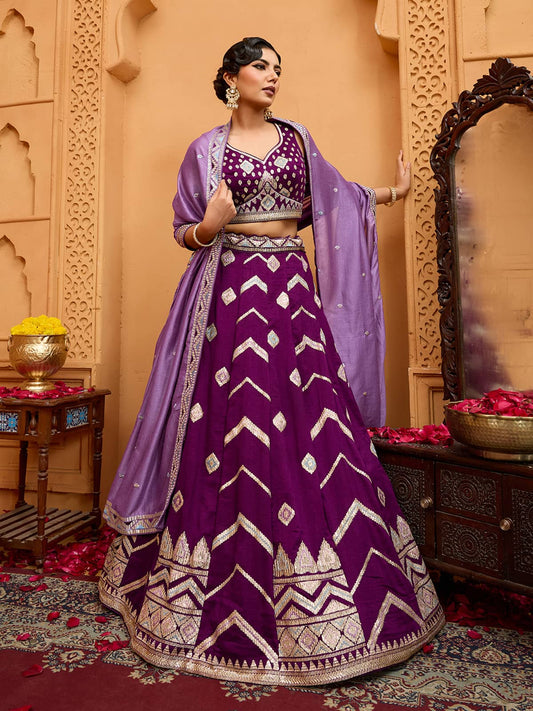 Burgundy Silk Fabric Sequins embroidery Semi-Stitched Lehenga & Unstitched Blouse With Dupatta
