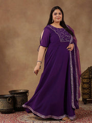 Plus Size Floral Embroidered Yoke Design Sequinned Anarkali Kurta With Dupatta