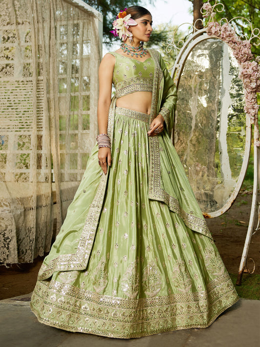 Lime green colour Chiffon Sequinse embroidery Semi-Stitched Lehenga choli and Dupatta