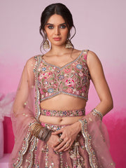 Rose gold Bridel Net Moti, Sequins embroidery Semi-Stitched Bridel Lehenga choli and Dupatta
