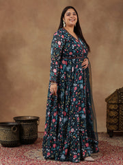 Plus Size Floral Printed Long Sleeves Georgette Anarkali Kurta With Dupatta