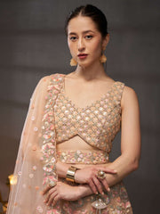 Peach Net Multi Sequins with heavy Zarkan embroidery Semi-Stitched Lehenga choli & Dupatta
