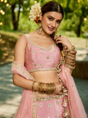 Pink colour Chinnon Sequinse embroidery Semi-Stitched Lehenga choli and Dupatta