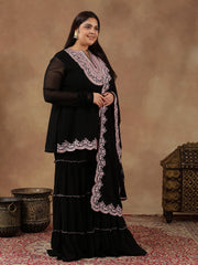 Plus Size Floral Embroidered Thread Work Kurta With Sharara & Dupatta