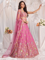 Pink Organza Sequins embroidery Semi Stitched Lehenga choli and Dupatta
