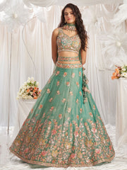 LIMEGREEN Organza Sequins embroidery Semi Stitched Lehenga choli and Dupatta