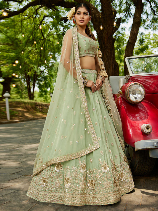 Lime Green colour Chinnon Sequinse embroidery Semi-Stitched Lehenga choli and Dupatta