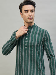 Woven Design Striped Mandarin Collar Knee Length Straight Kurtas