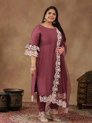Plus Size Embroidered Thread Work Straight Kurta With Trousers & Dupatta