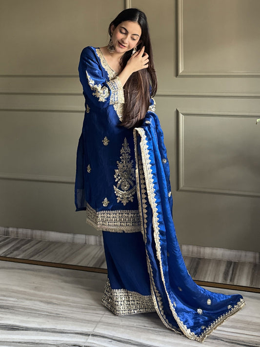 Blue Designer Fendi Silk Embroiderd Palazzo Suit