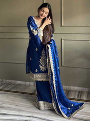 Blue Designer Fendi Silk Embroiderd Palazzo Suit
