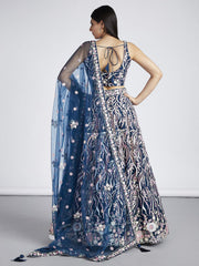 Navy blue Net Sequins and thread embroidery Semi Stitched Lehenga choli and Dupatta