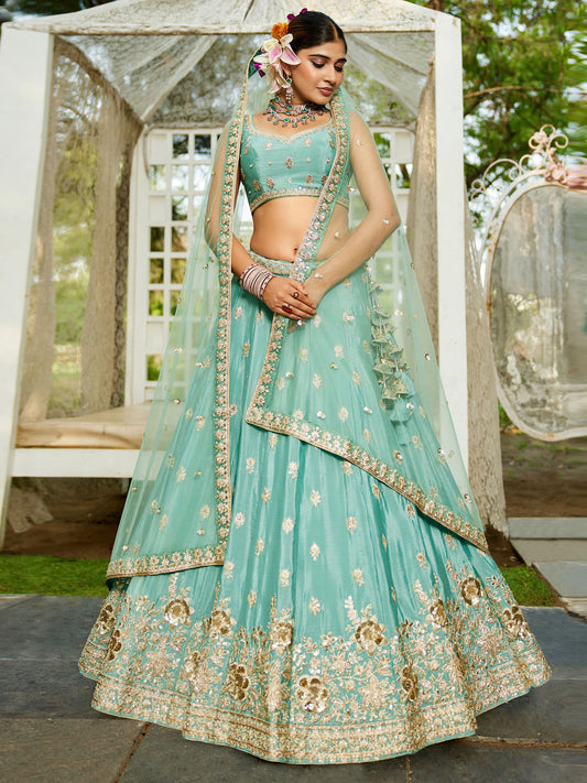 Sea Green colour Chinnon Sequinse embroidery Semi-Stitched Lehenga choli and Dupatta