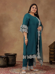 Plus Size Embroidered Thread Work Straight Kurta With Trousers & Dupatta