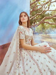 Cream Gold crushed Tissue Fabric Moti, Zari work Semi-Stitched Lehenga choli & Dupatta