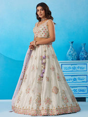 Limegreen Tissue Sequinned and Zari Embroidered Semi Stitched Lehenga and Unstitched Blouse With Dupatta