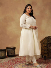 Plus Size Embroidered Empire Thread Work Kurta With Trousers & Dupatta