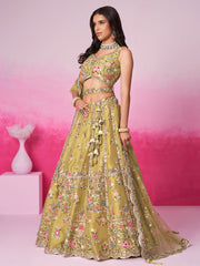Mustard Bridel Net Moti, Sequins embroidery Semi-Stitched Bridel Lehenga choli and Dupatta