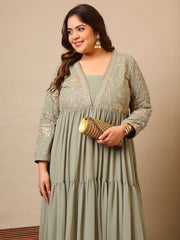 Embroidered V-Neck Fit & Flare Ethnic Dresses