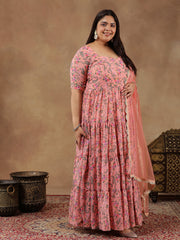 Plus Size Floral Printed Tiered Flared Kurta With Dupatta
