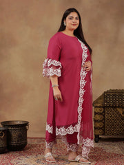 Plus Size Embroidered Thread Work Straight Kurta With Trousers & Dupatta
