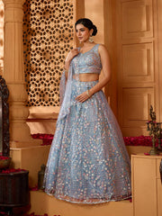 Grey Net Fabric Sequins embroidery Semi-Stitched Lehenga & Unstitched Blouse With Dupatta