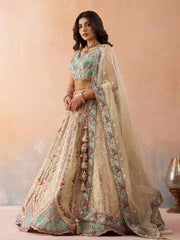 Cream Tissue Sequins Embroidered Semi Stitched Lehenga and Unstitched Blouse With Dupatta