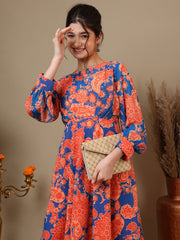 Girl Floral Paisley Printed Pleated Ethnic Dress