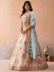 Peach Tissue Sequinned and Zari Embroidered Semi Stitched Lehenga and Unstitched Blouse With Dupatta