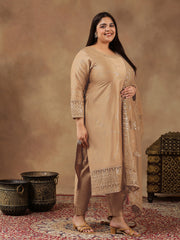 Plus Size Abstract Printed & Embroidered Kurta With Trousers & Dupatta