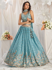 Turquoise blue Georgette Sequin embroidery Semi Stitched Lehenga choli and Dupatta