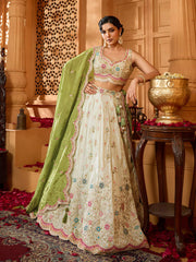 Limegreen Tissue Fabric Sequins embroidery Semi-Stitched Lehenga & Unstitched Blouse With Dupatta