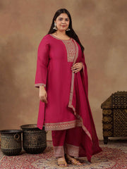 Plus Size Ethnic Motifs Embroidered Thread Work Kurta Trousers & With Dupatta