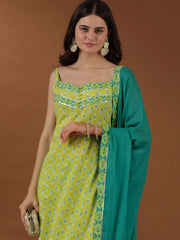 Green Floral Printed Regular Gotta Patti Kurta with Palazzos & Dupatta