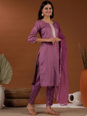 Pink Ethnic Motifs Embroidered Regular Mukaish Kurta With Trousers & Dupatta