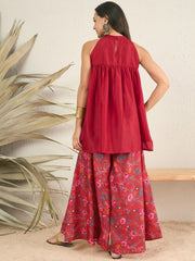 Red Pleated A-Line Kurti With Palazzos