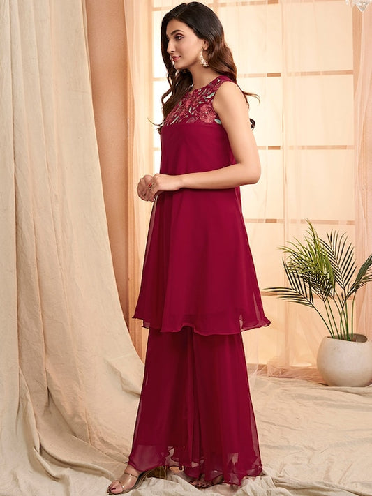 Maroon Floral Embroidered Regular Thread Work Kurta with Palazzos