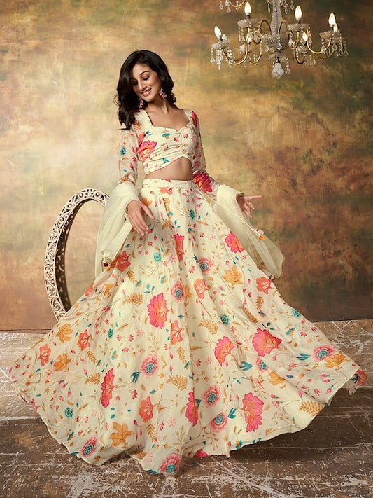 Floral Printed Semi-Stitched Lehenga & Unstitched Blouse With Dupatta
