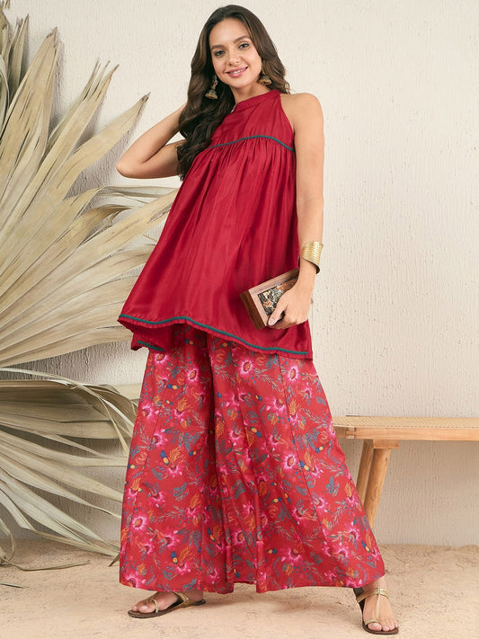 Red Pleated A-Line Kurti With Palazzos