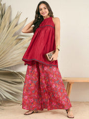 Red Pleated A-Line Kurti With Palazzos