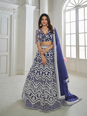 Navy Blue Embroidered Net Semi-Stitched Lehenga & Unstitched Blouse With Dupatta