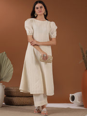 Off White Ethnic Motifs Embroidered Puffed Sleeves Thread Work A-Line Kurta with Palazzos