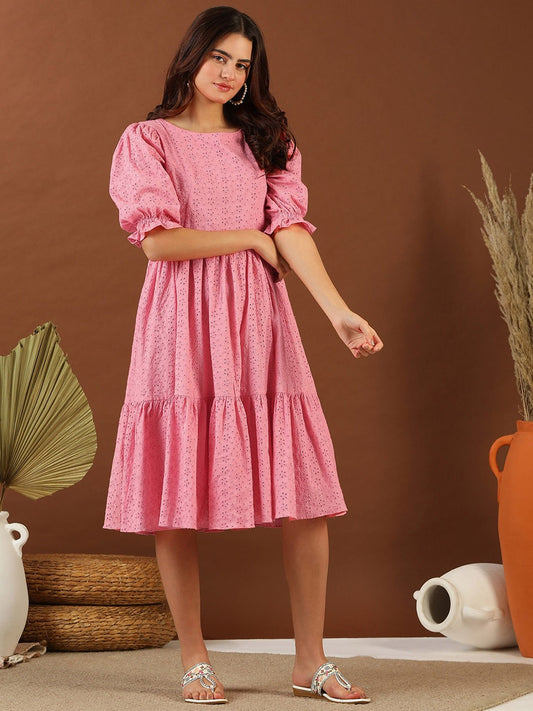 Pink Chikankari Embroidered Tiered Cotton Fit and Flare Midi Ethnic Dress
