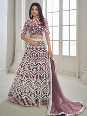Mauve Embroidered Semi-Stitched Lehenga & Unstitched Blouse With Dupatta
