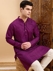 Purple Striped Embroidered Mandarin Collar Straight Kurta