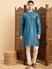 Teal Ethnic Motifs Printed Mandarin Collar A-Line Kurta